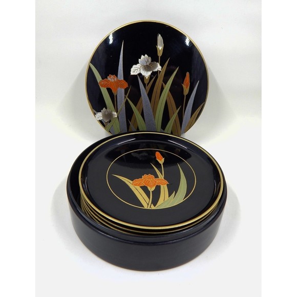 Otagiri Laquerware Coasters Iris Floral Set of 6 Black Orange MCM Made In Japan - Picture 1 of 12
